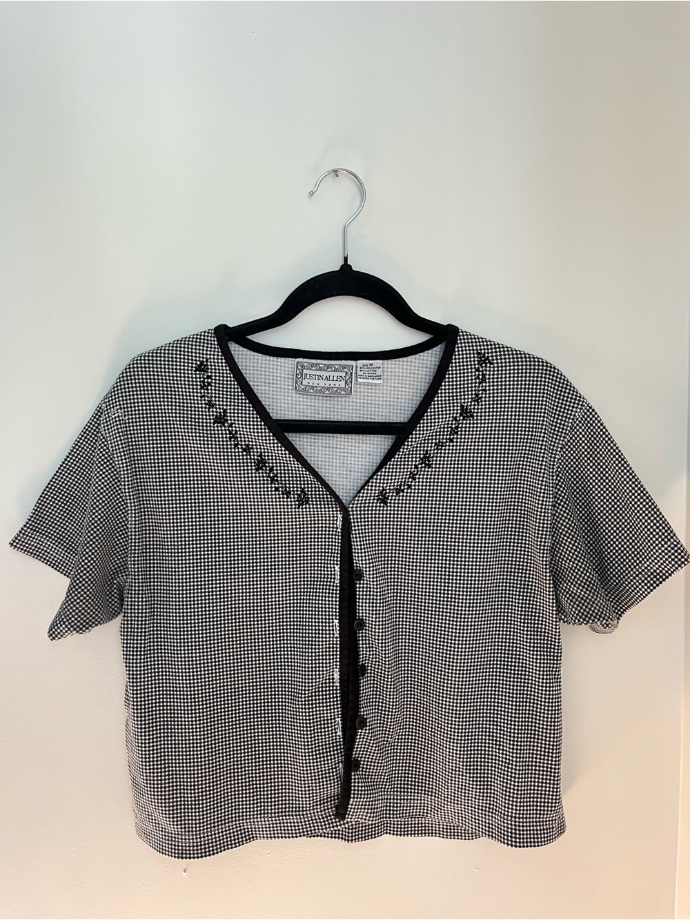 Vintage Justin Allen Black and White Gingham Button-Front Top